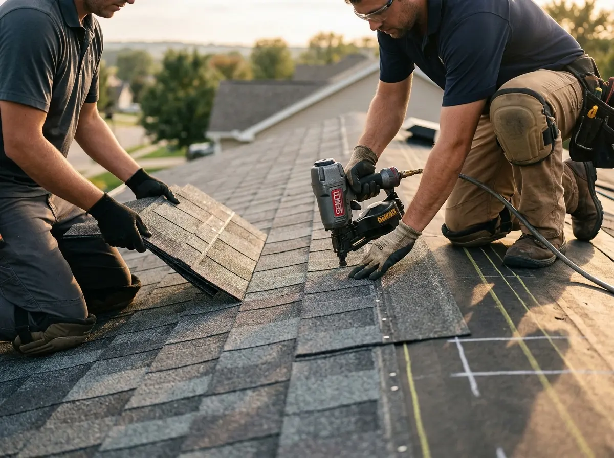 Professional roofer working on a residential roof in San Anselmo